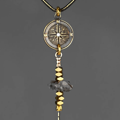 Antiqued Compass W/Stone & Herkimer Diamond Chain Necklace