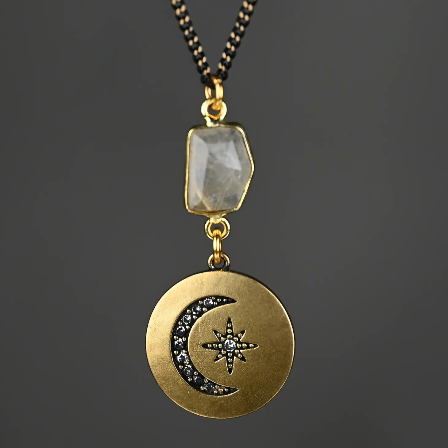 Vintage Brass Moon & Star w/ Golden Rutile Necklace
