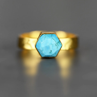 Turquoise Howlite Hexagon Ring On A Hand Hammered Band