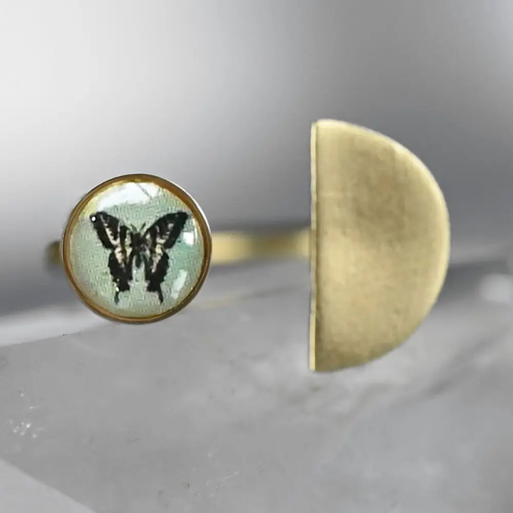 Adjustable Brass Ring w/ Picture and Moon Half
