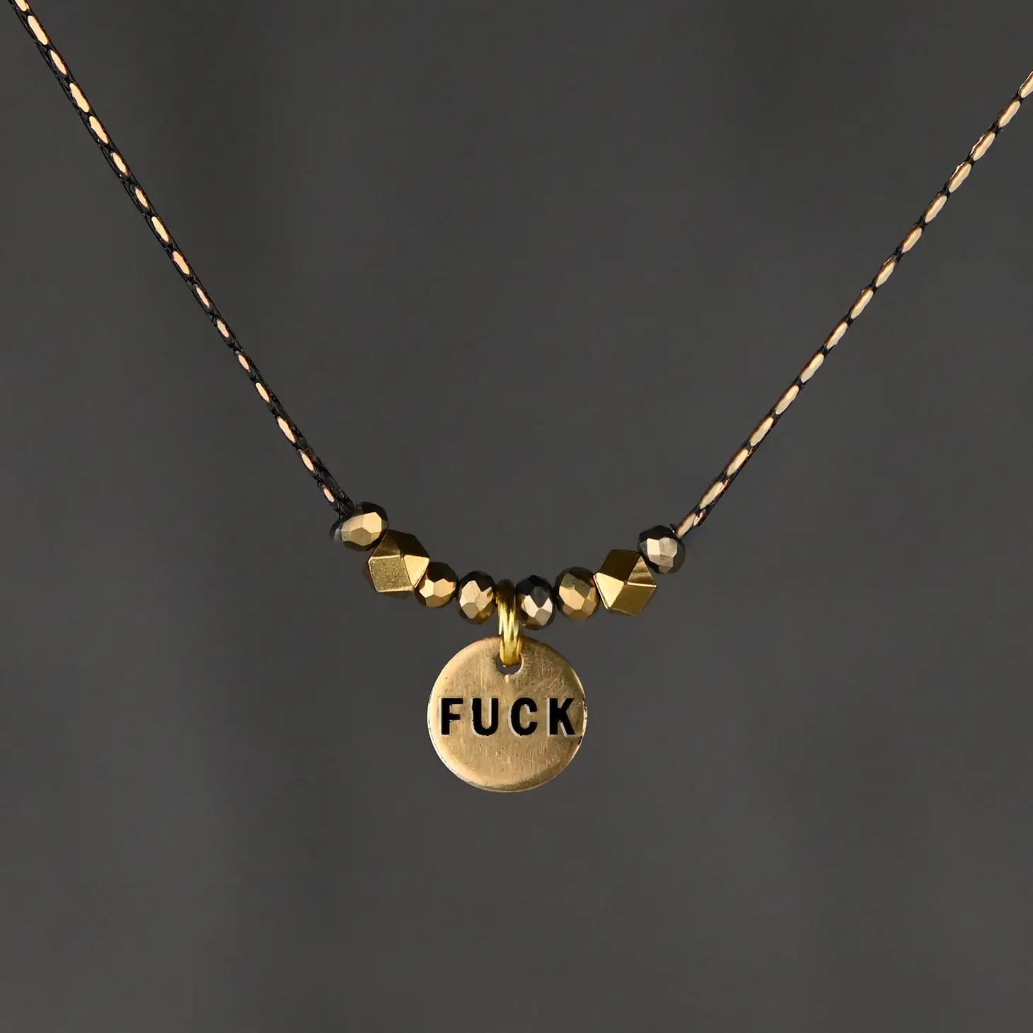 Delicate Beaded F*** Necklace- Brass W/Black & Brass Chain