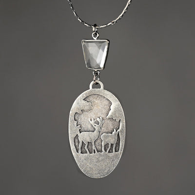 Enchanted Etched Deer w/ Faceted Crystal Necklace